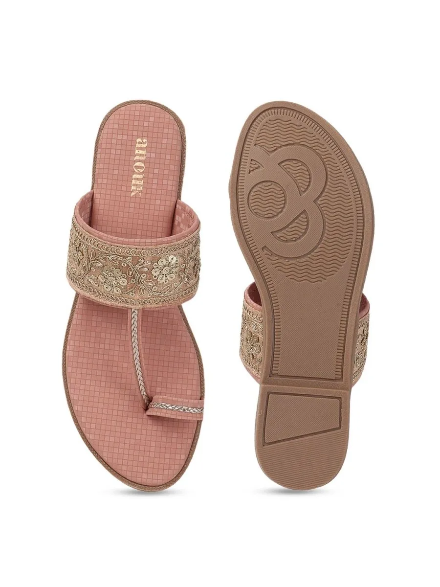 Anouk Peach-Coloured Embellished One Toe Flats