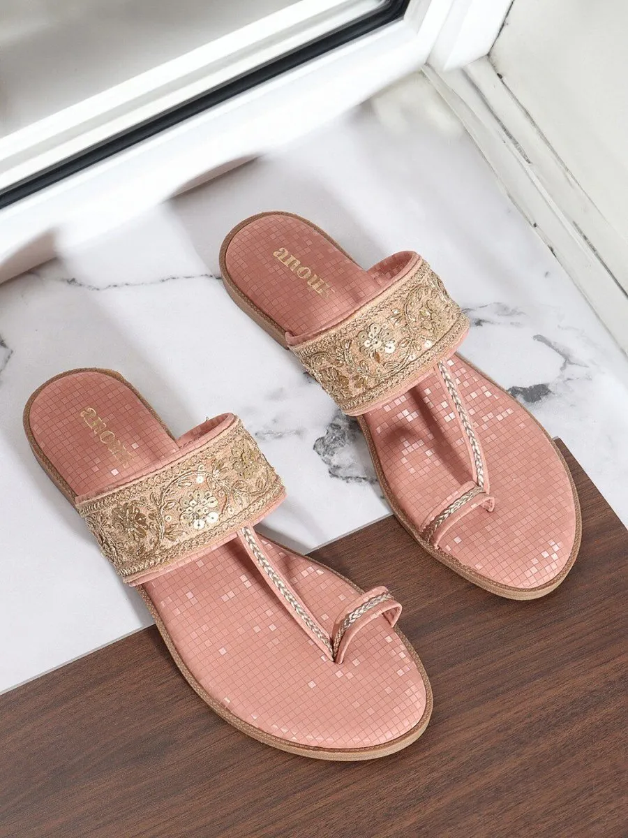 Anouk Peach-Coloured Embellished One Toe Flats