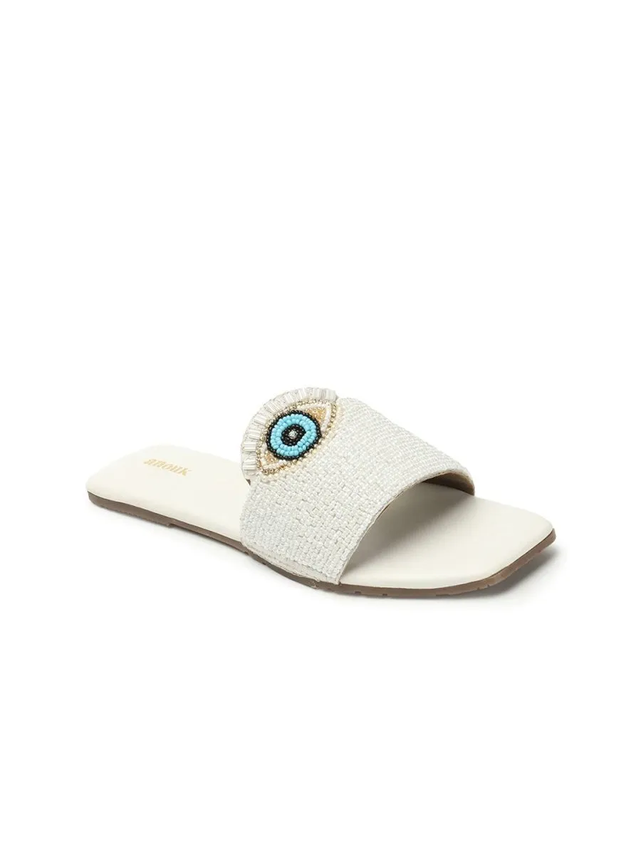 Anouk White & Blue Evil Eye Embellished Classic Open Toe Flats