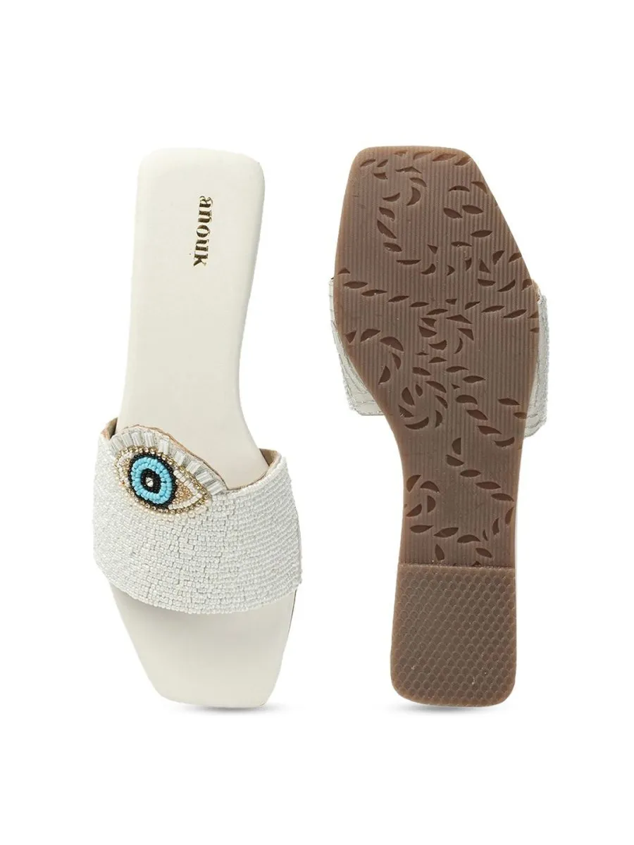 Anouk White & Blue Evil Eye Embellished Classic Open Toe Flats