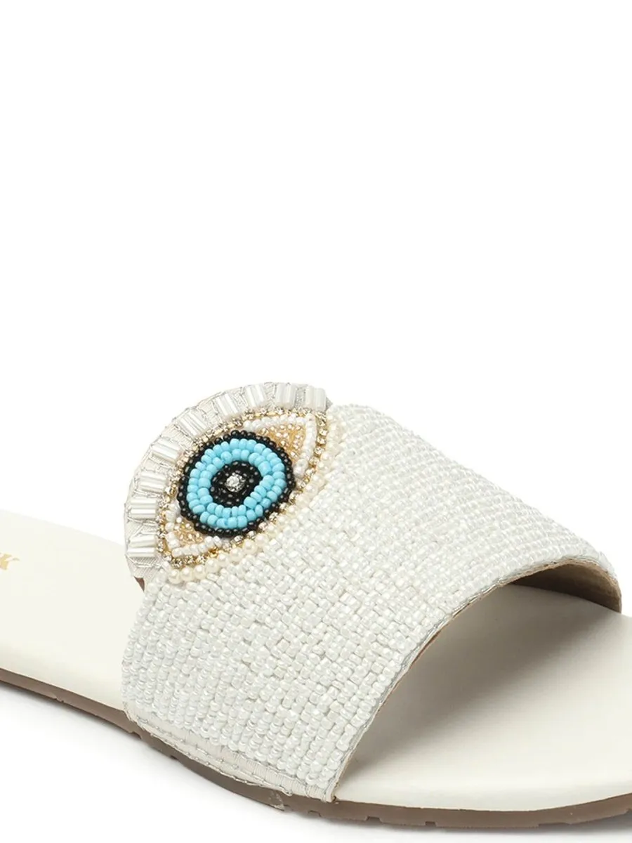 Anouk White & Blue Evil Eye Embellished Classic Open Toe Flats