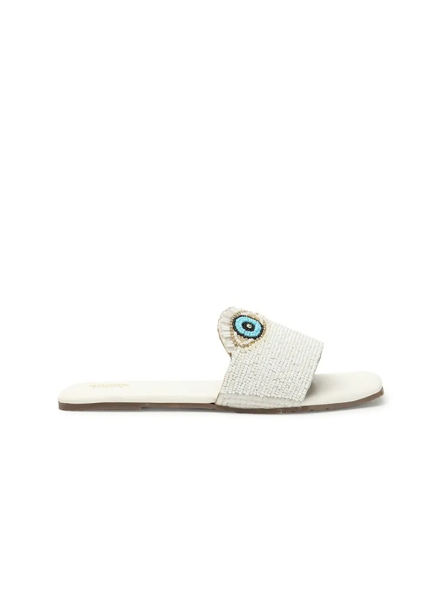 Anouk White & Blue Evil Eye Embellished Classic Open Toe Flats