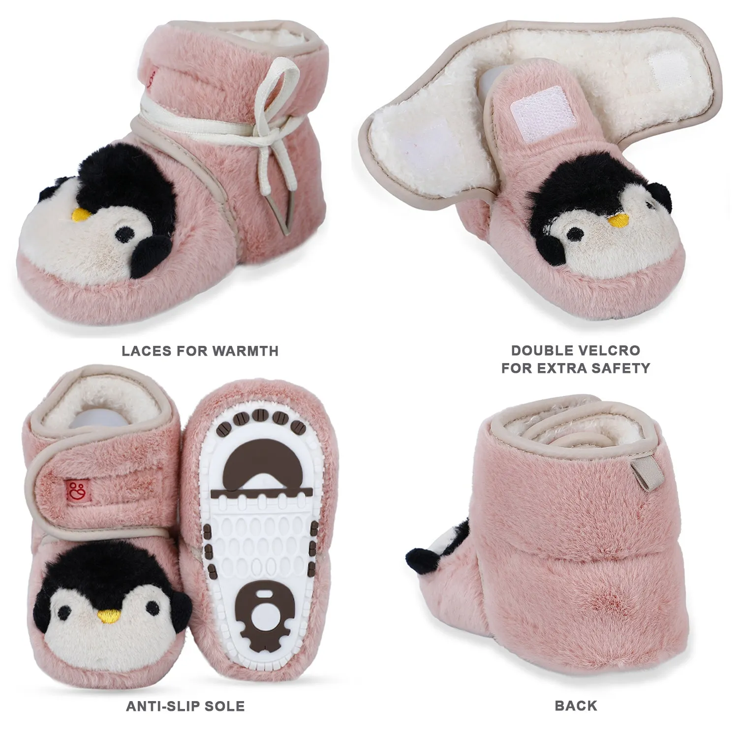 Baby Moo Penguin Warm Veclro Strap Fur Booties - Pink