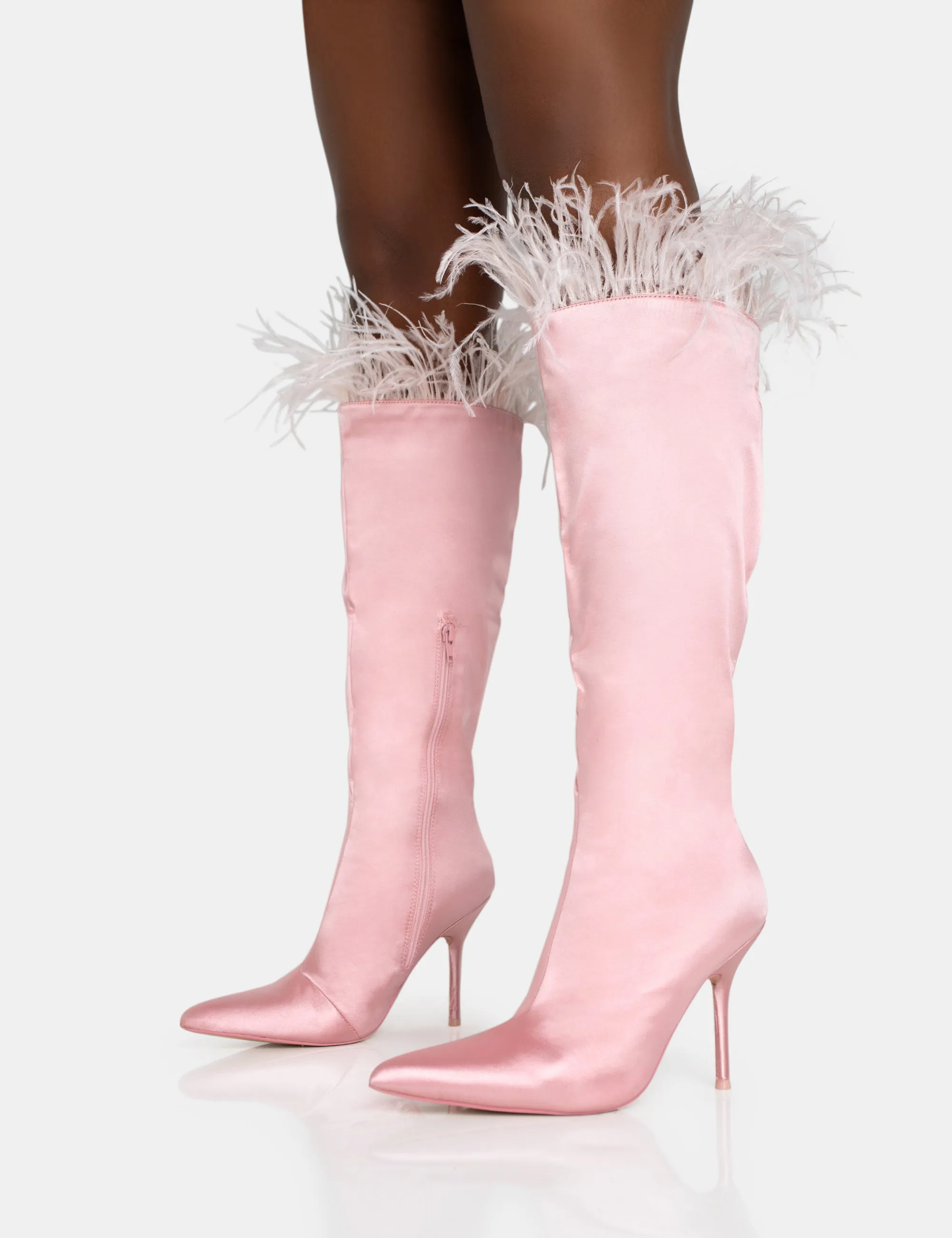 Baddie Baby Pink Satin Feather Pointed Toe Stiletto Knee High Boots