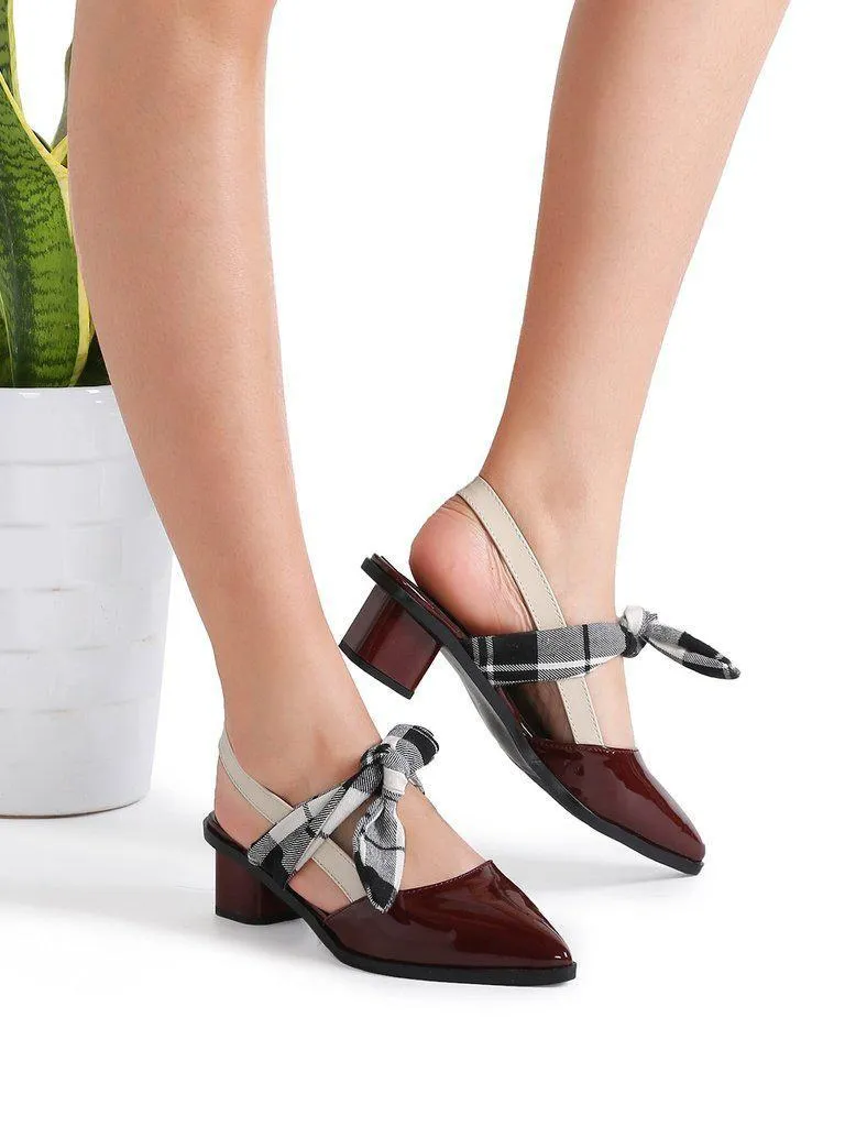Burgundy Plaid Tie Patent Leather Chunky Heel Pumps