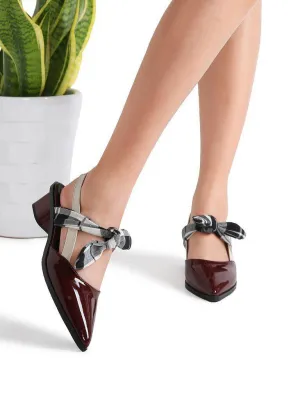 Burgundy Plaid Tie Patent Leather Chunky Heel Pumps