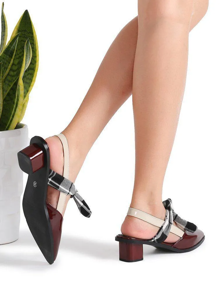 Burgundy Plaid Tie Patent Leather Chunky Heel Pumps