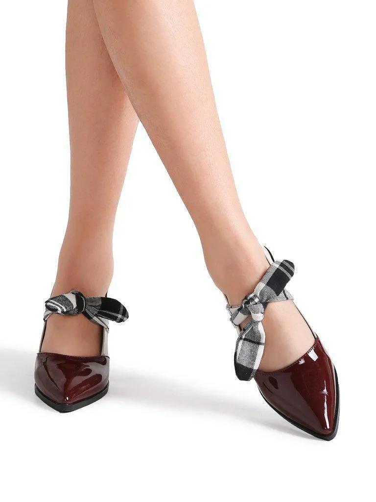 Burgundy Plaid Tie Patent Leather Chunky Heel Pumps
