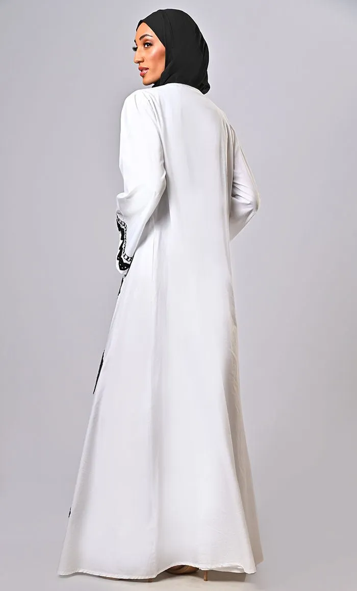Designer Islamic Mughal Black Aari Work Detailing Abaya With Pockets