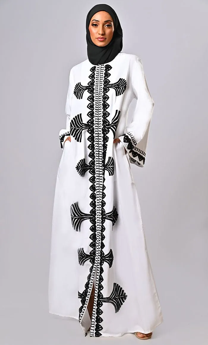 Designer Islamic Mughal Black Aari Work Detailing Abaya With Pockets