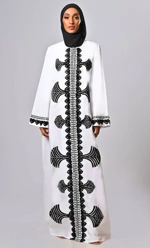 Designer Islamic Mughal Black Aari Work Detailing Abaya With Pockets