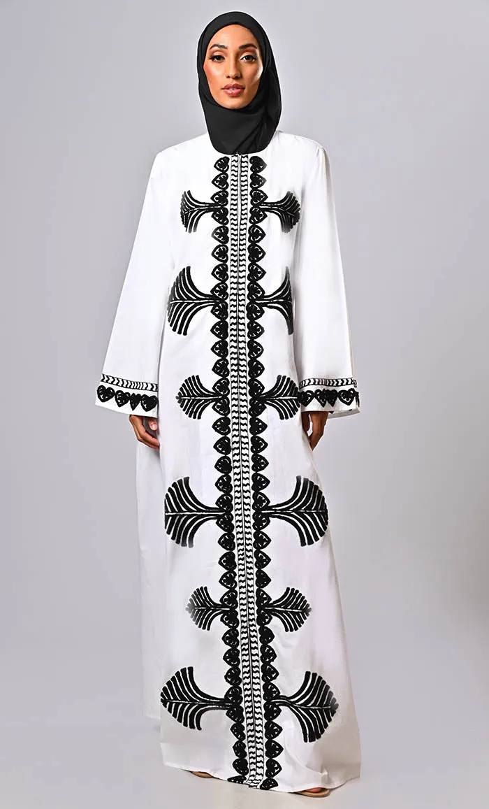 Designer Islamic Mughal Black Aari Work Detailing Abaya With Pockets
