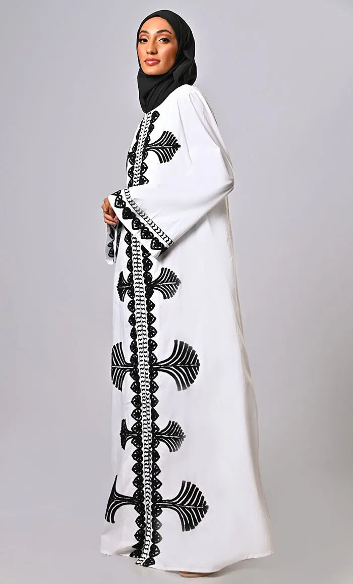 Designer Islamic Mughal Black Aari Work Detailing Abaya With Pockets