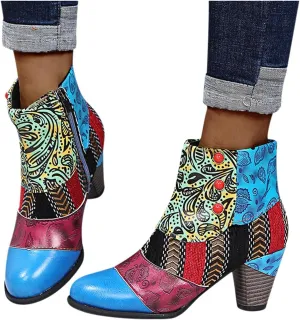 Hbeylia Boots For Women Fashion Snake Leather Round Toe Pump Ankle Booties Trendy Chunky High Heels Dress Short Boots For Ladies