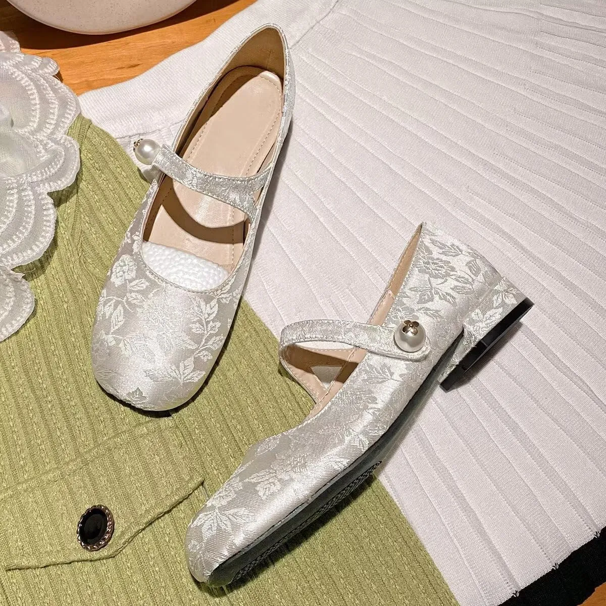 Hee grand Flats for Women Ballet Flats with Strap Embroidery Mary Jane Flats Square Toe Elegant Satin Pearl Buckle Dress Shoes