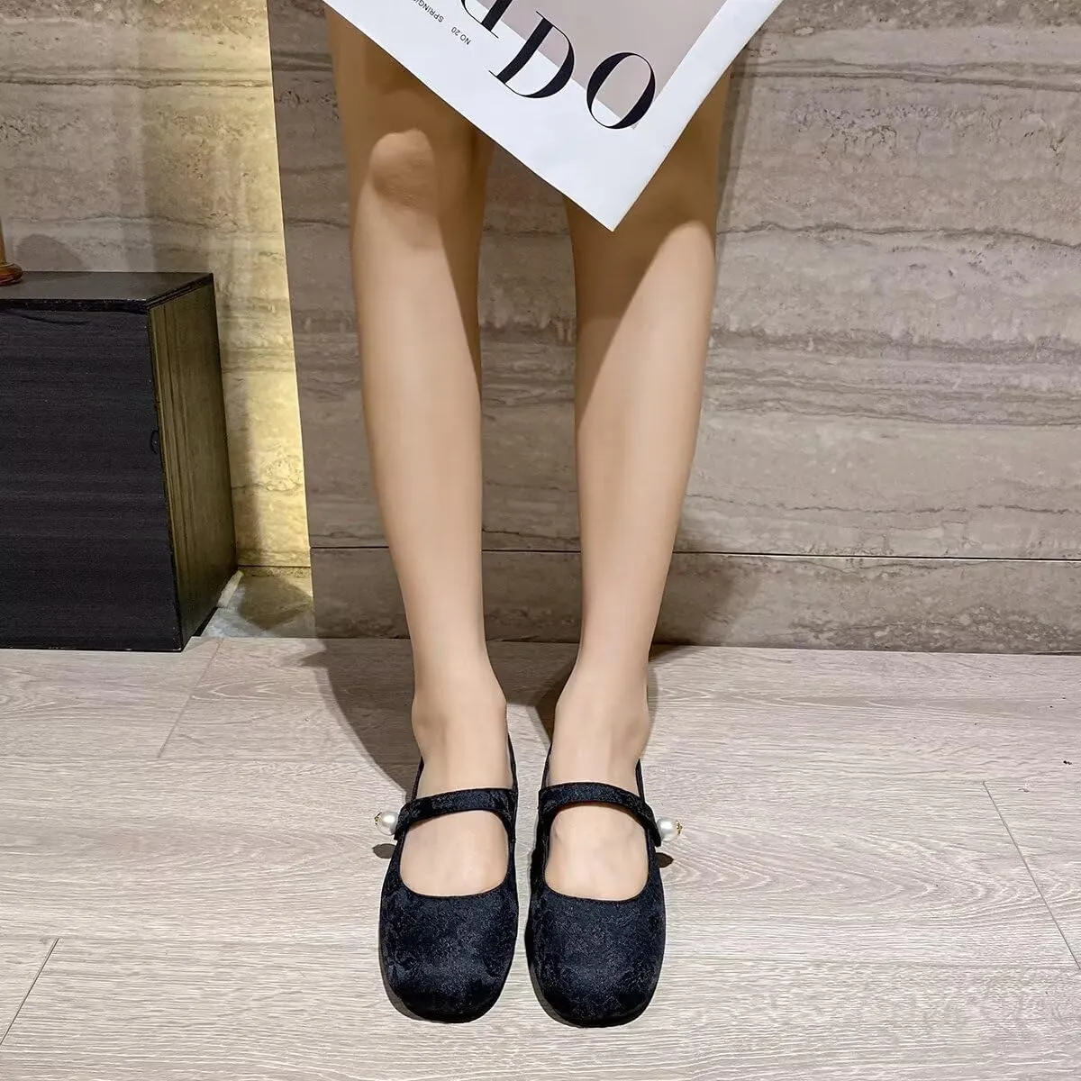 Hee grand Flats for Women Ballet Flats with Strap Embroidery Mary Jane Flats Square Toe Elegant Satin Pearl Buckle Dress Shoes