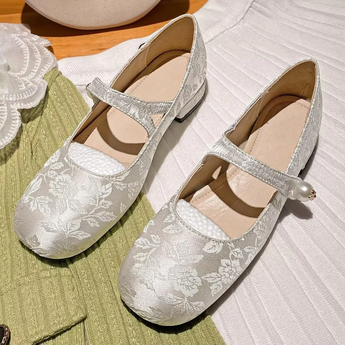 Hee grand Flats for Women Ballet Flats with Strap Embroidery Mary Jane Flats Square Toe Elegant Satin Pearl Buckle Dress Shoes