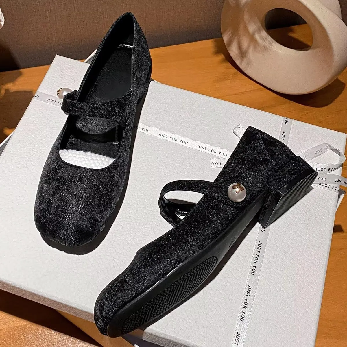 Hee grand Flats for Women Ballet Flats with Strap Embroidery Mary Jane Flats Square Toe Elegant Satin Pearl Buckle Dress Shoes