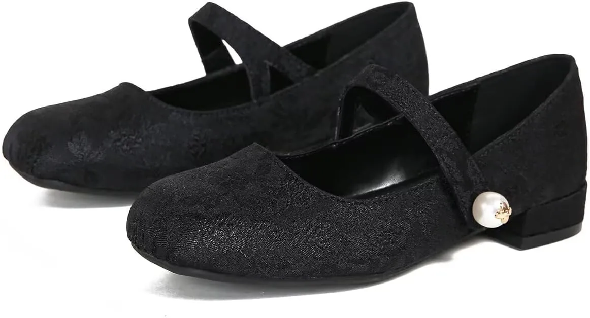 Hee grand Flats for Women Ballet Flats with Strap Embroidery Mary Jane Flats Square Toe Elegant Satin Pearl Buckle Dress Shoes