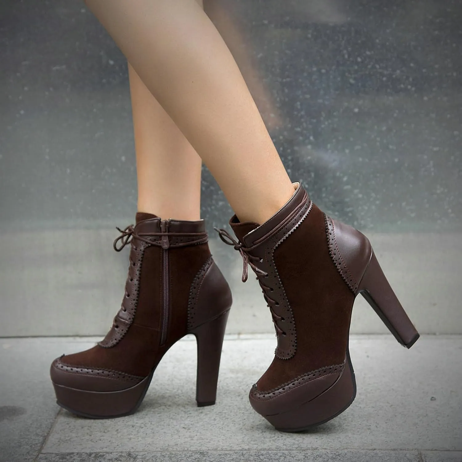 KiutSymo Womens Ankle Boots Platform Lace Up Heel Boots Gothic Punk Combat Boots Round Toe Chunky High Heel Booties Side Zipper Fall Short Boots