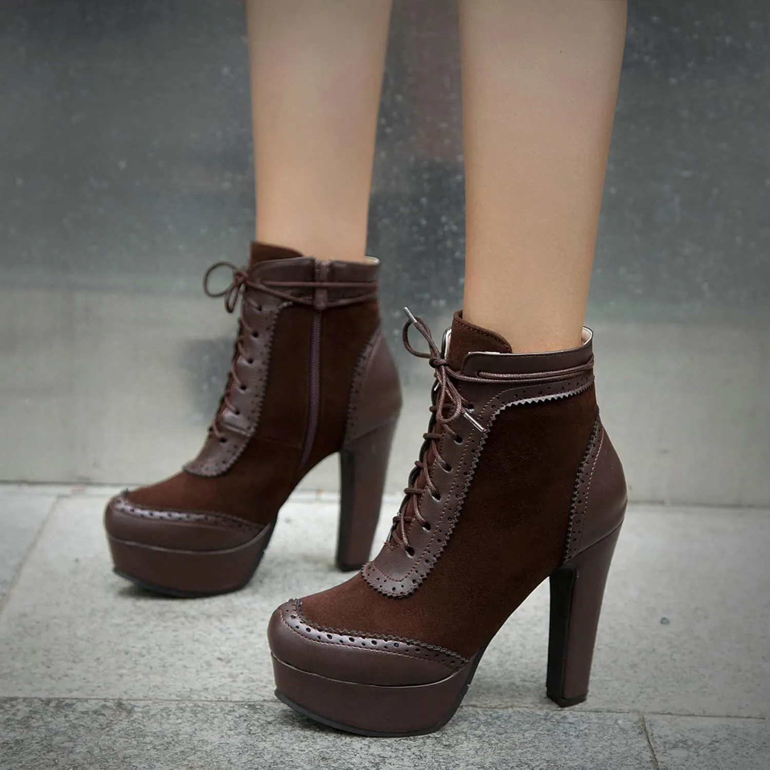 KiutSymo Womens Ankle Boots Platform Lace Up Heel Boots Gothic Punk Combat Boots Round Toe Chunky High Heel Booties Side Zipper Fall Short Boots