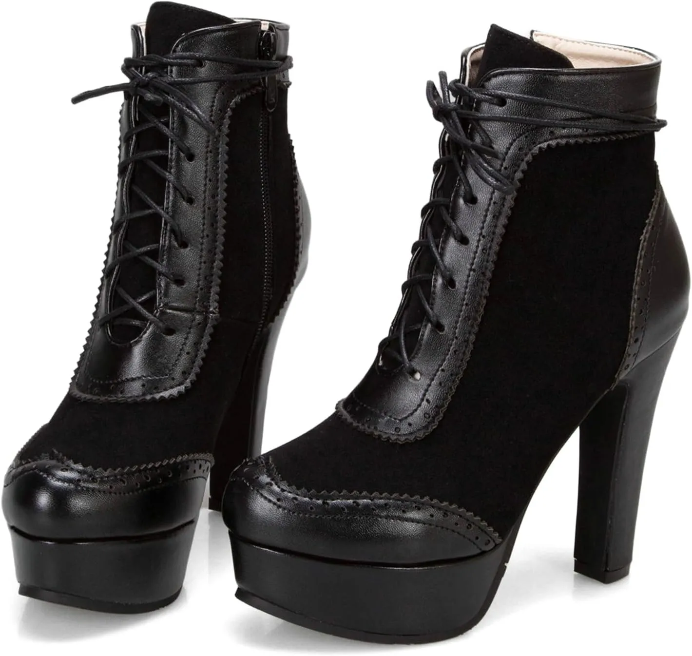 KiutSymo Womens Ankle Boots Platform Lace Up Heel Boots Gothic Punk Combat Boots Round Toe Chunky High Heel Booties Side Zipper Fall Short Boots