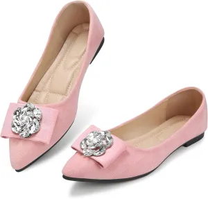 KUNWFNIX Women's Ballet Flats Crystal Wedding Ballerina Shoes Pointed Toe Pearl Diamond Low Heel Comfortable Dressy Work Business Dance Flats