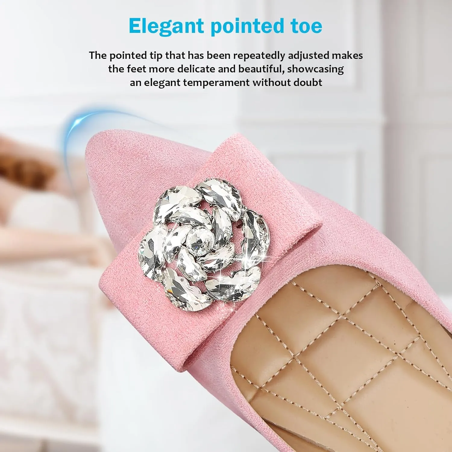 KUNWFNIX Women's Ballet Flats Crystal Wedding Ballerina Shoes Pointed Toe Pearl Diamond Low Heel Comfortable Dressy Work Business Dance Flats
