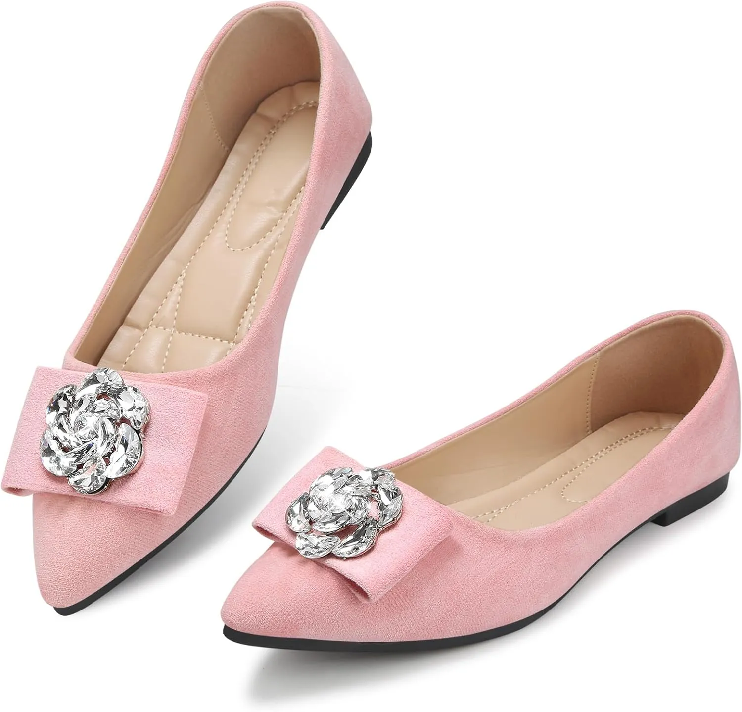 KUNWFNIX Women's Ballet Flats Crystal Wedding Ballerina Shoes Pointed Toe Pearl Diamond Low Heel Comfortable Dressy Work Business Dance Flats
