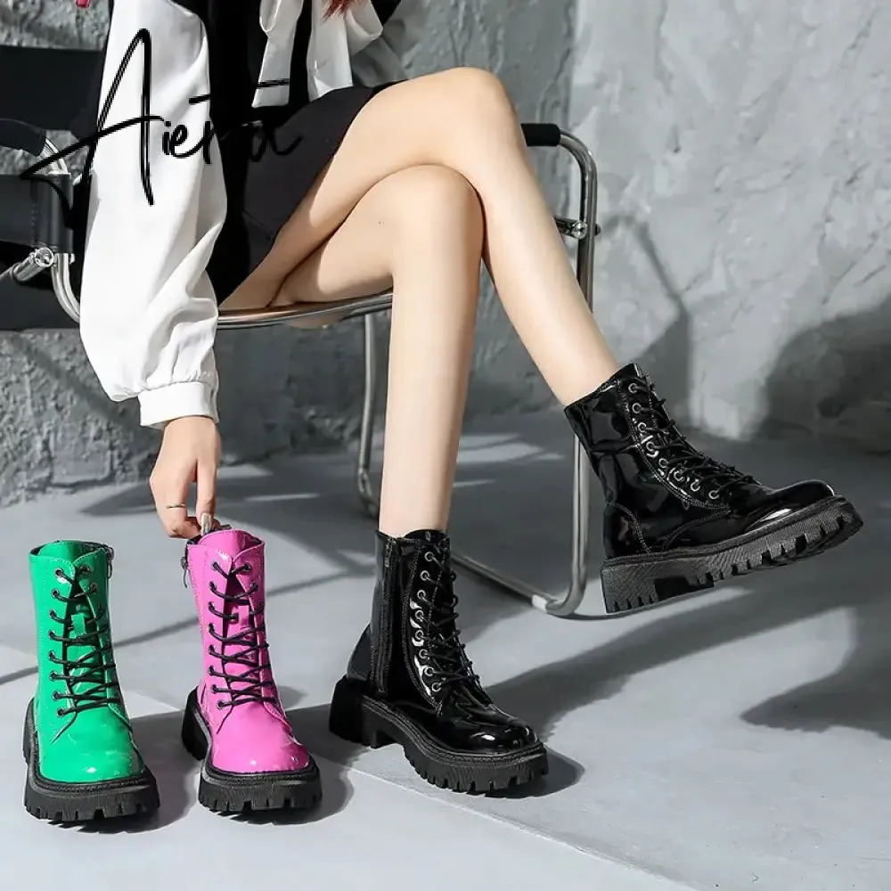 Lace Up Pink Ankle Boots Woman Patent Leather Platform Motorcycle Boots Woman Thick Heels Zipper Short Booties
