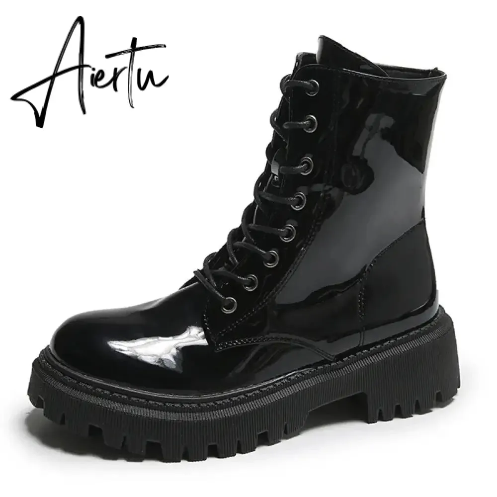 Lace Up Pink Ankle Boots Woman Patent Leather Platform Motorcycle Boots Woman Thick Heels Zipper Short Booties