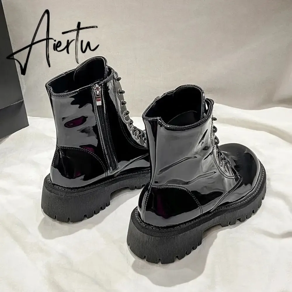 Lace Up Pink Ankle Boots Woman Patent Leather Platform Motorcycle Boots Woman Thick Heels Zipper Short Booties