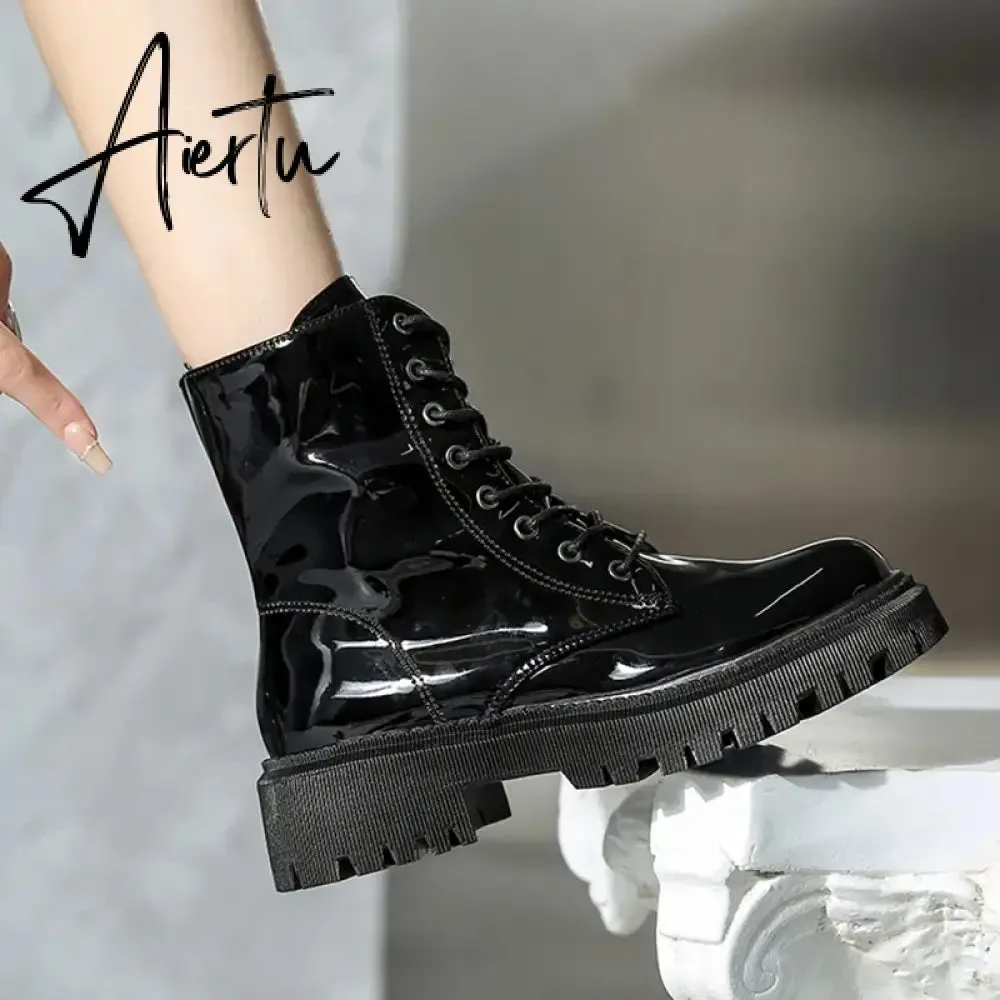 Lace Up Pink Ankle Boots Woman Patent Leather Platform Motorcycle Boots Woman Thick Heels Zipper Short Booties