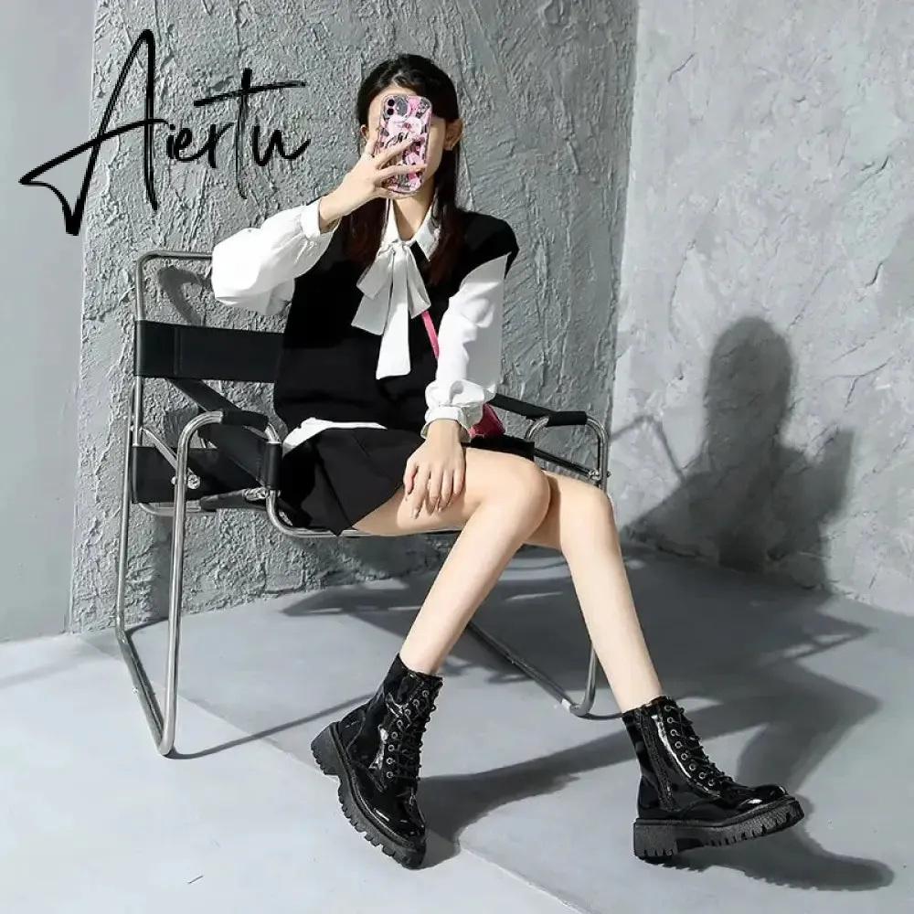 Lace Up Pink Ankle Boots Woman Patent Leather Platform Motorcycle Boots Woman Thick Heels Zipper Short Booties