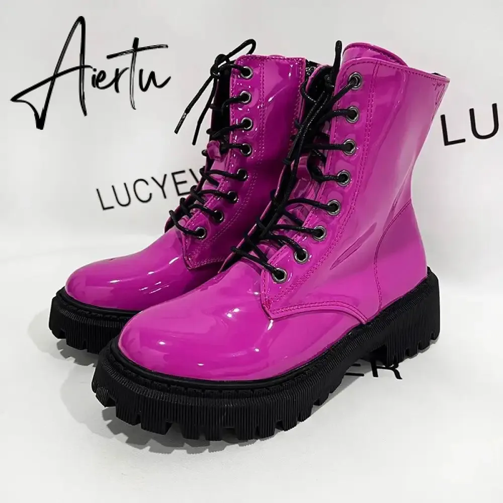 Lace Up Pink Ankle Boots Woman Patent Leather Platform Motorcycle Boots Woman Thick Heels Zipper Short Booties