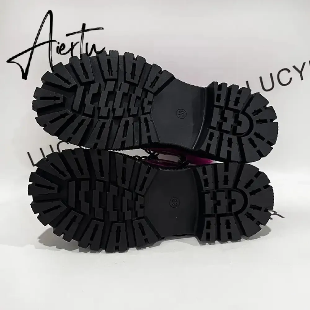 Lace Up Pink Ankle Boots Woman Patent Leather Platform Motorcycle Boots Woman Thick Heels Zipper Short Booties