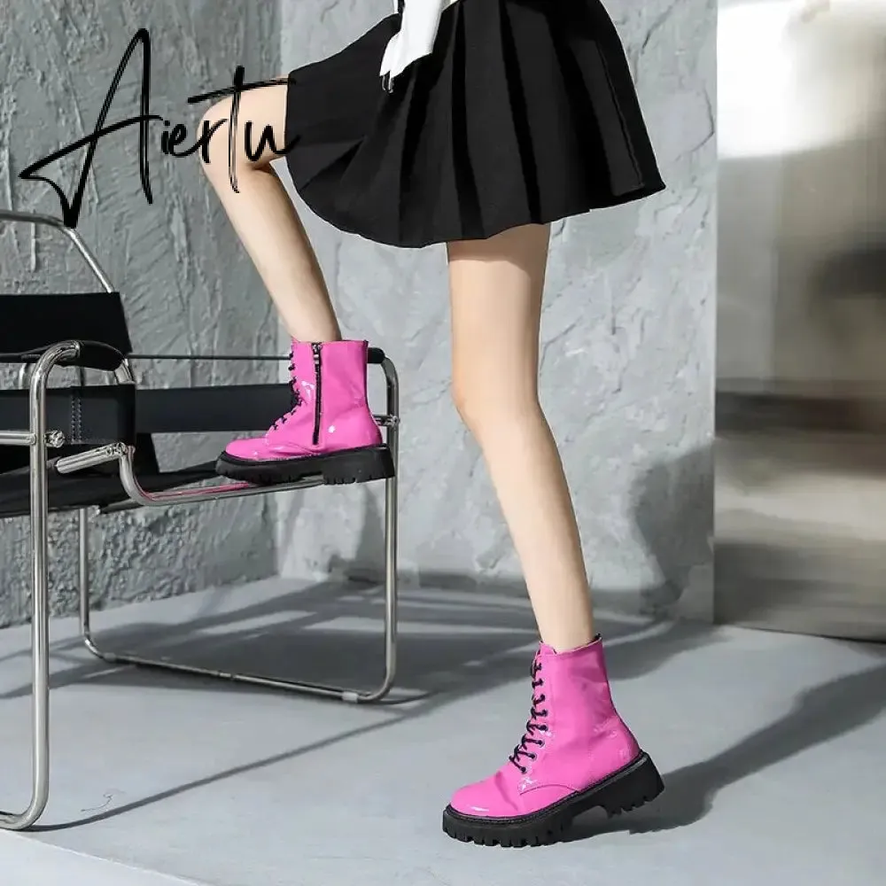 Lace Up Pink Ankle Boots Woman Patent Leather Platform Motorcycle Boots Woman Thick Heels Zipper Short Booties