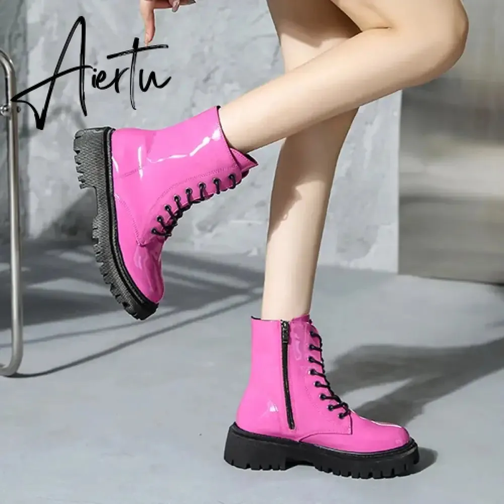Lace Up Pink Ankle Boots Woman Patent Leather Platform Motorcycle Boots Woman Thick Heels Zipper Short Booties