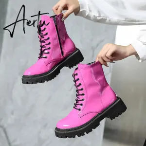 Lace Up Pink Ankle Boots Woman Patent Leather Platform Motorcycle Boots Woman Thick Heels Zipper Short Booties