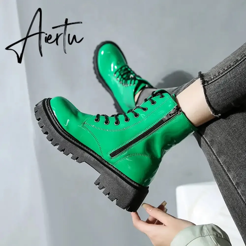 Lace Up Pink Ankle Boots Woman Patent Leather Platform Motorcycle Boots Woman Thick Heels Zipper Short Booties