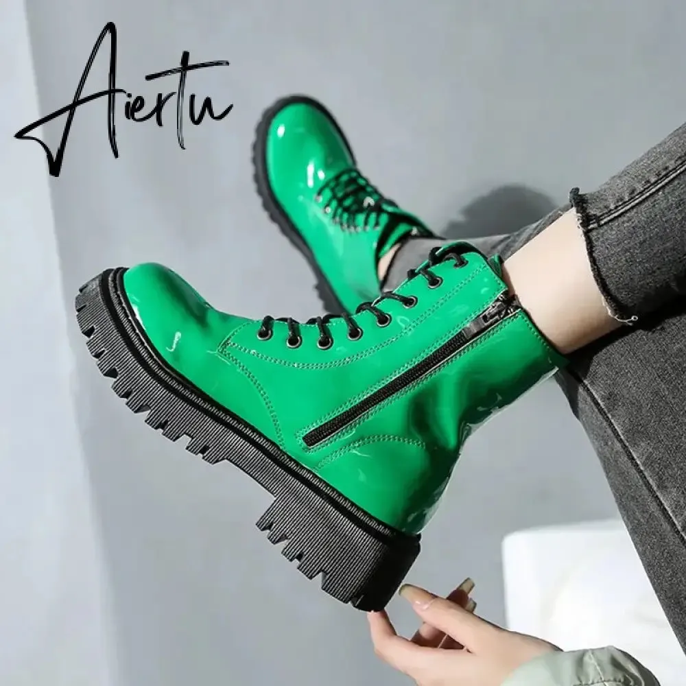 Lace Up Pink Ankle Boots Woman Patent Leather Platform Motorcycle Boots Woman Thick Heels Zipper Short Booties