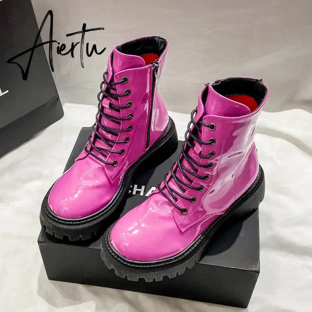 Lace Up Pink Ankle Boots Woman Patent Leather Platform Motorcycle Boots Woman Thick Heels Zipper Short Booties