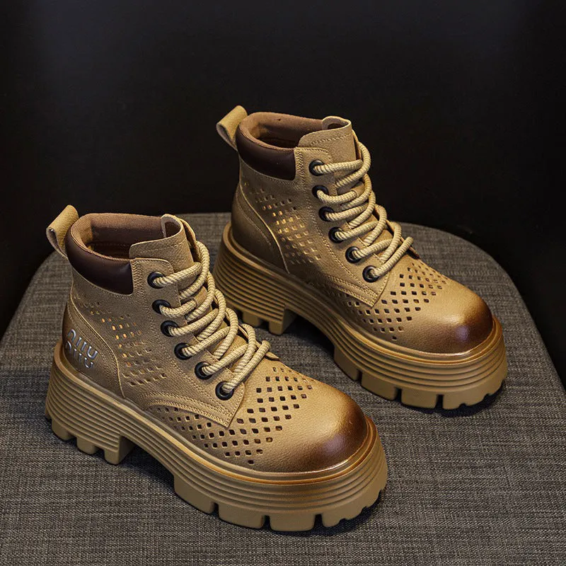 Leather Martin Boots Women  New Retro Motorcycle Boots Tooling British Style Hollow Booties Thick Bottom Retro Ankle Boots
