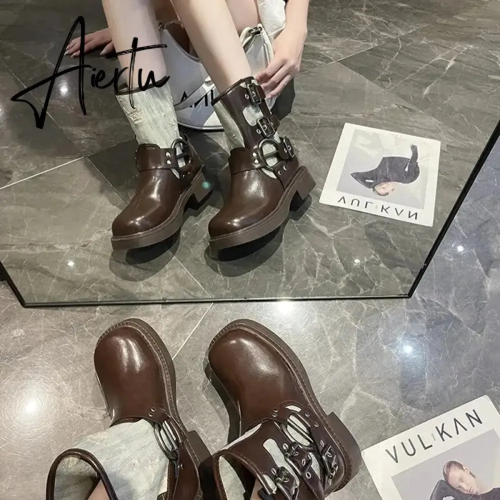 Metal Decor Chunky Platform Ankle Boots Women 2023 Autumn Patchwork Thick Bottom Motorcycle Boots Woman Pu Leather Short Booties