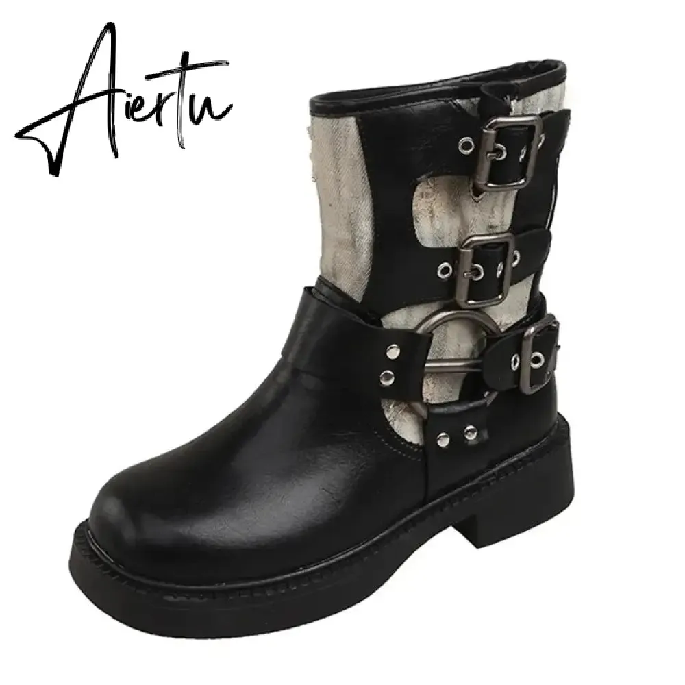 Metal Decor Chunky Platform Ankle Boots Women 2023 Autumn Patchwork Thick Bottom Motorcycle Boots Woman Pu Leather Short Booties