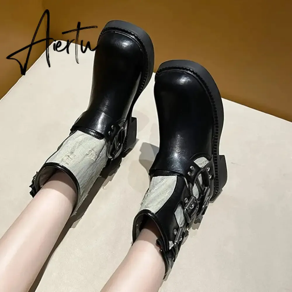 Metal Decor Chunky Platform Ankle Boots Women 2023 Autumn Patchwork Thick Bottom Motorcycle Boots Woman Pu Leather Short Booties