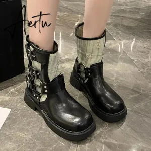 Metal Decor Chunky Platform Ankle Boots Women 2023 Autumn Patchwork Thick Bottom Motorcycle Boots Woman Pu Leather Short Booties