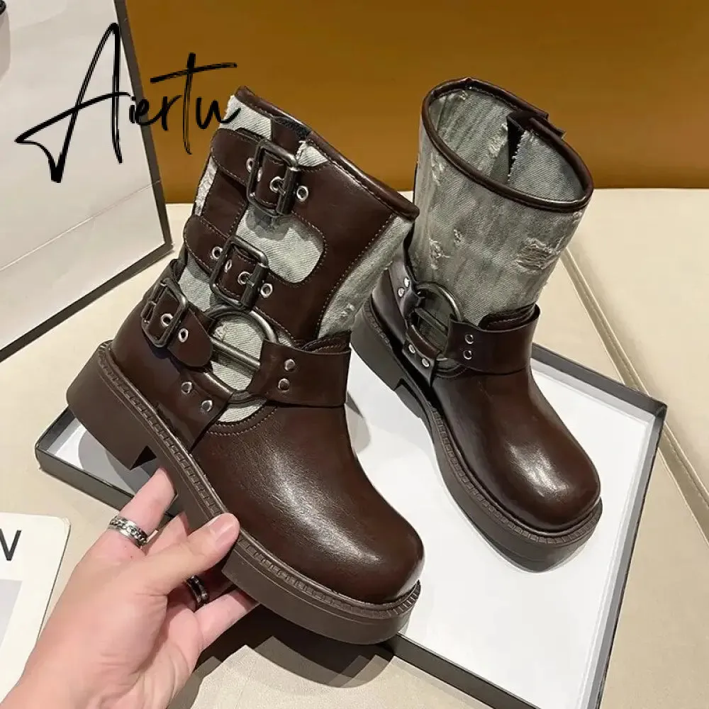 Metal Decor Chunky Platform Ankle Boots Women 2023 Autumn Patchwork Thick Bottom Motorcycle Boots Woman Pu Leather Short Booties