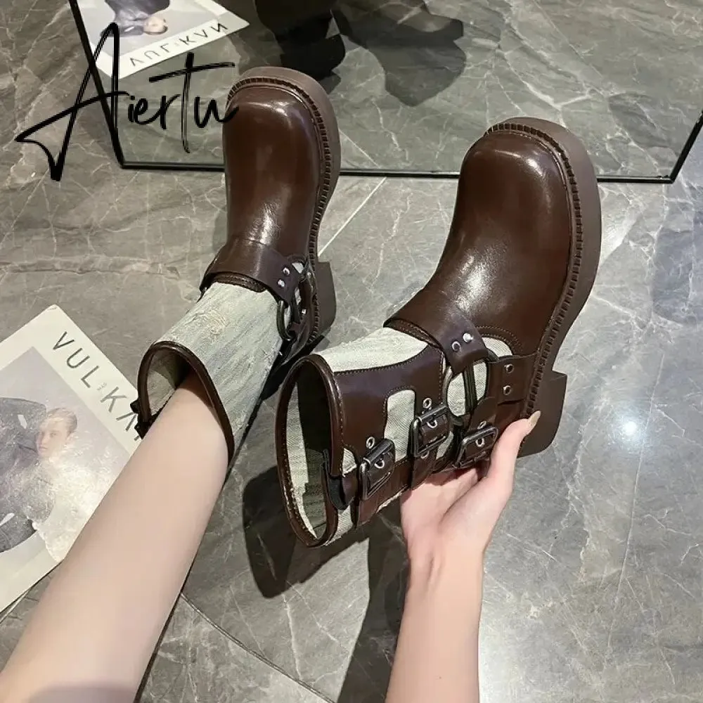Metal Decor Chunky Platform Ankle Boots Women 2023 Autumn Patchwork Thick Bottom Motorcycle Boots Woman Pu Leather Short Booties