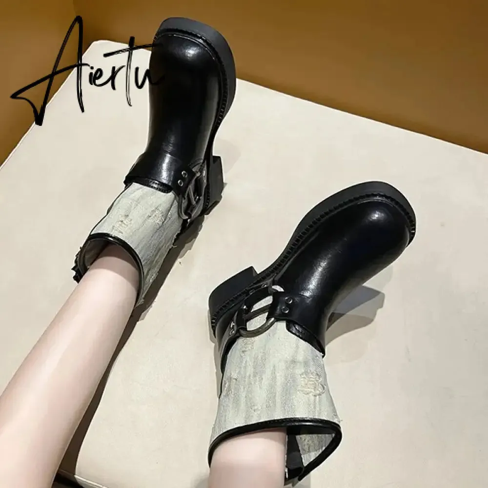 Metal Decor Chunky Platform Ankle Boots Women 2023 Autumn Patchwork Thick Bottom Motorcycle Boots Woman Pu Leather Short Booties